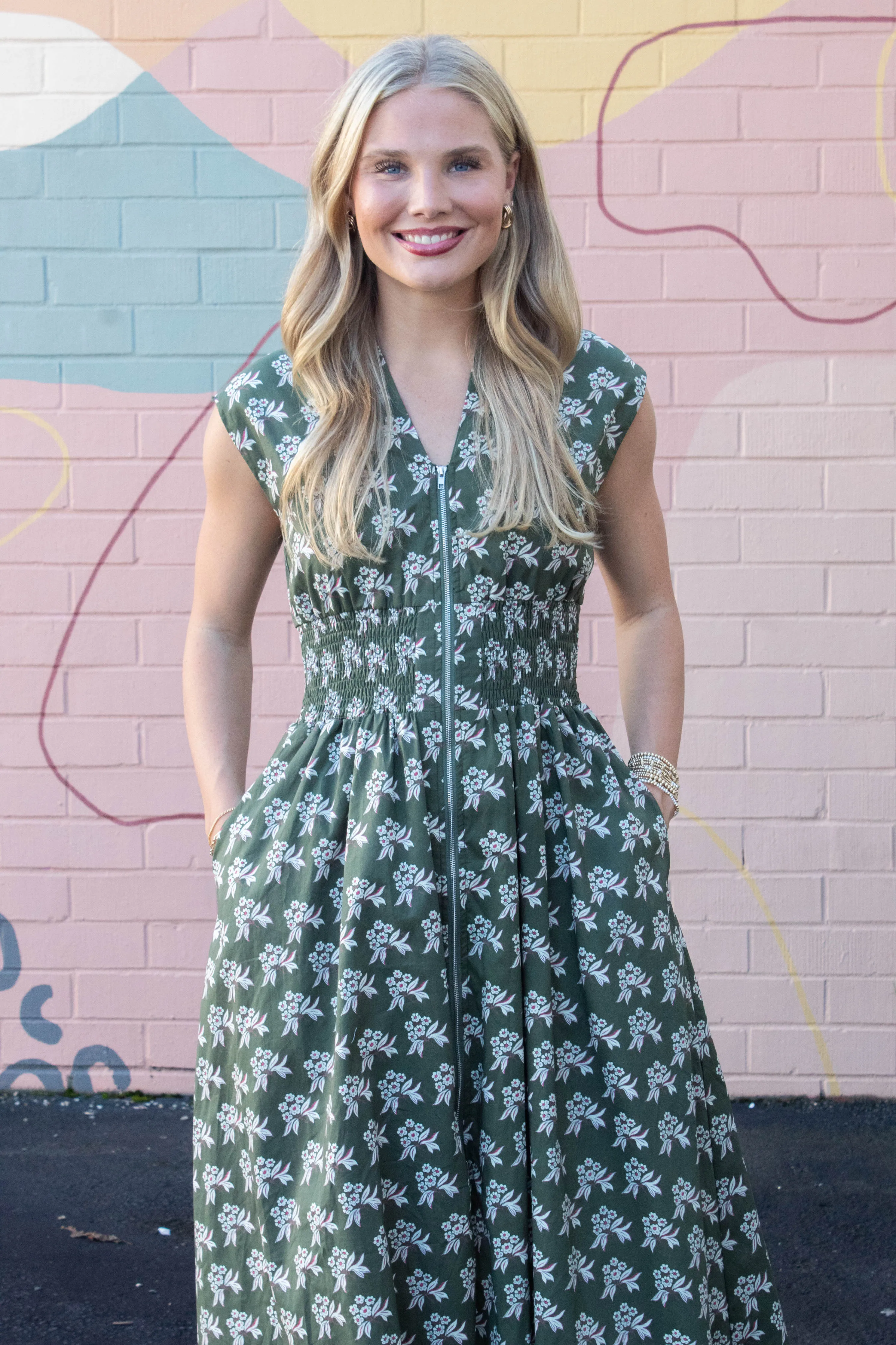 Lila Printed Front Zip Dress, Olive Green sold by North & Main Clothing Company product image thumbnail 2