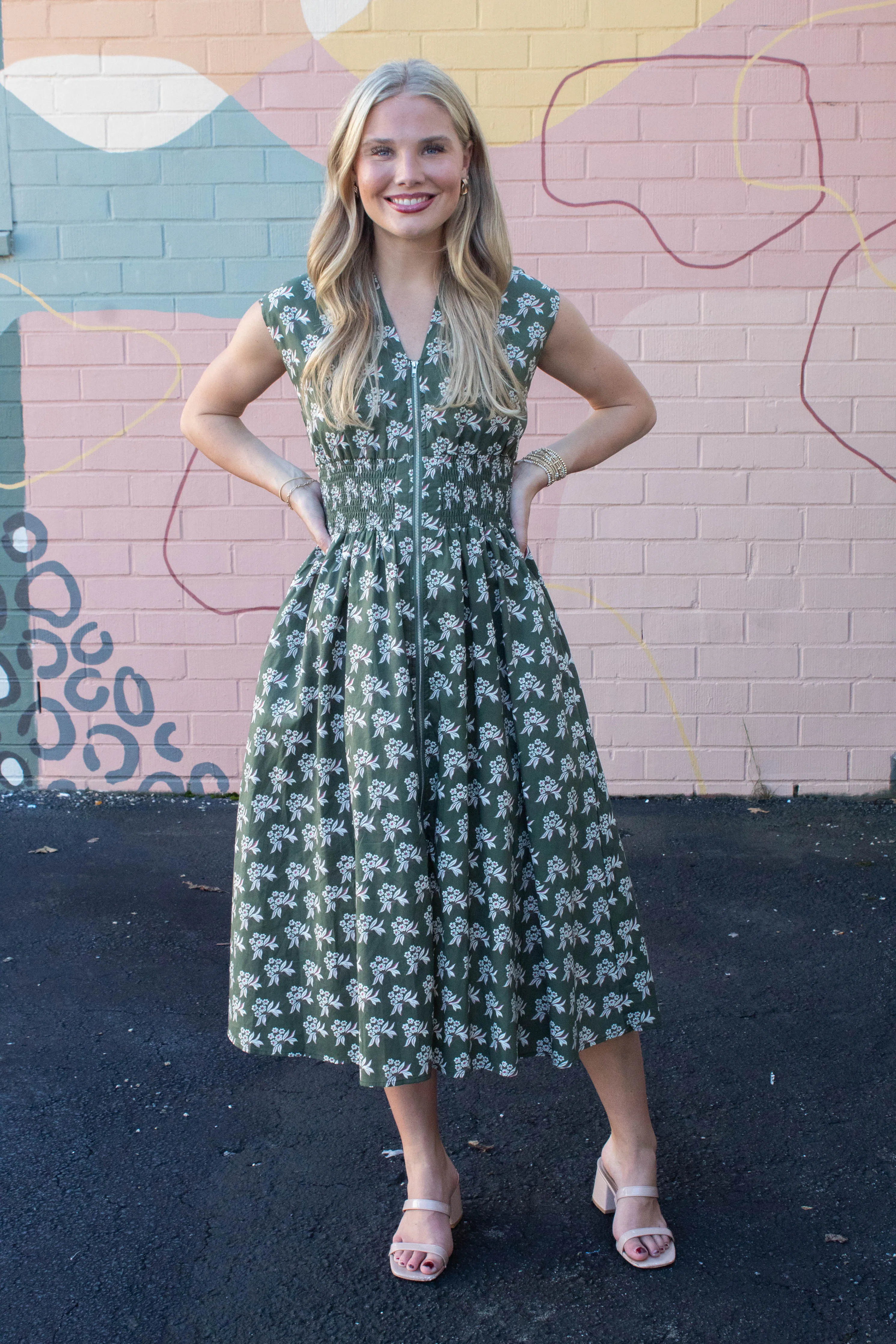 Lila Printed Front Zip Dress, Olive Green sold by North & Main Clothing Company product image thumbnail 3