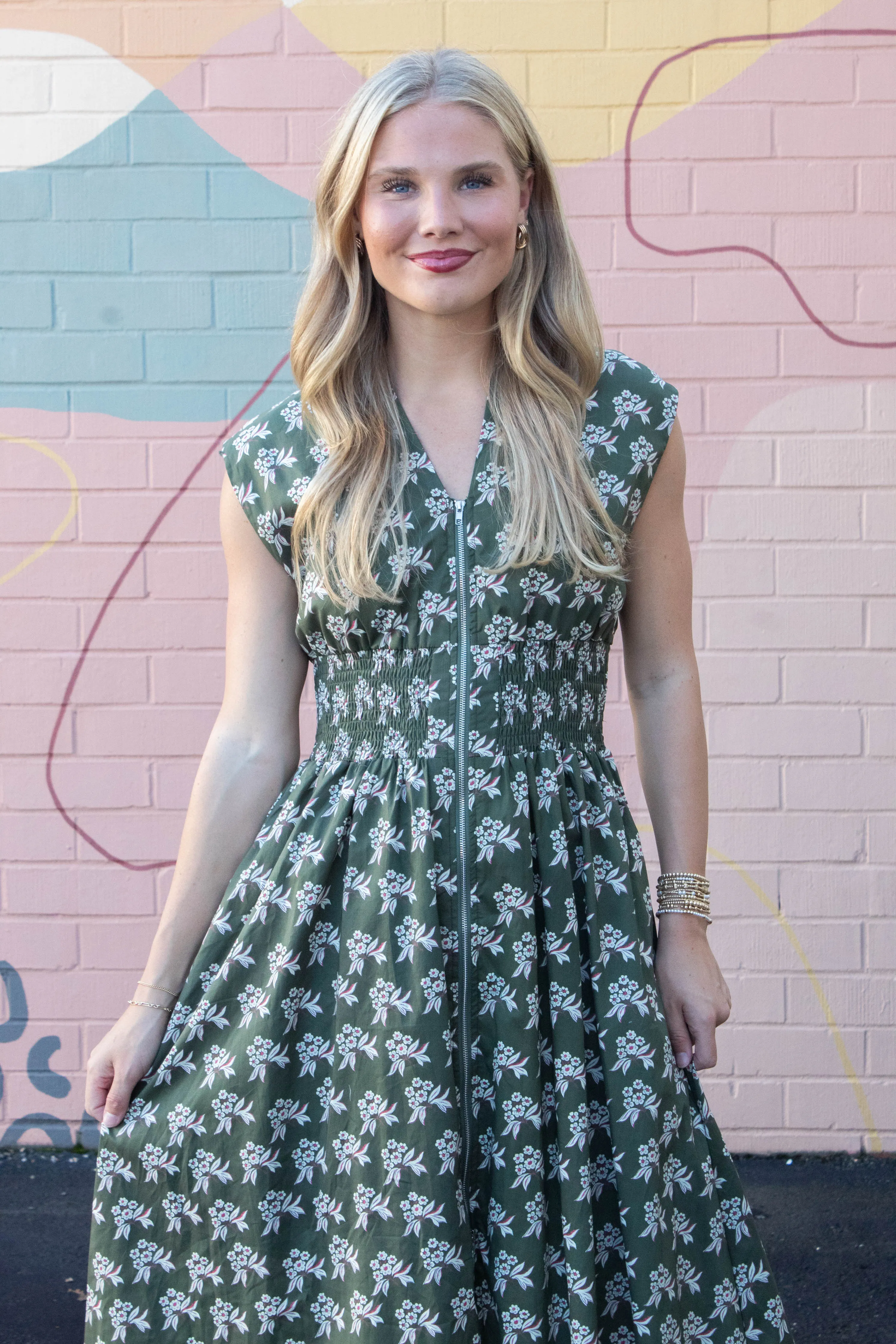 Lila Printed Front Zip Dress, Olive Green sold by North & Main Clothing Company product image thumbnail 5