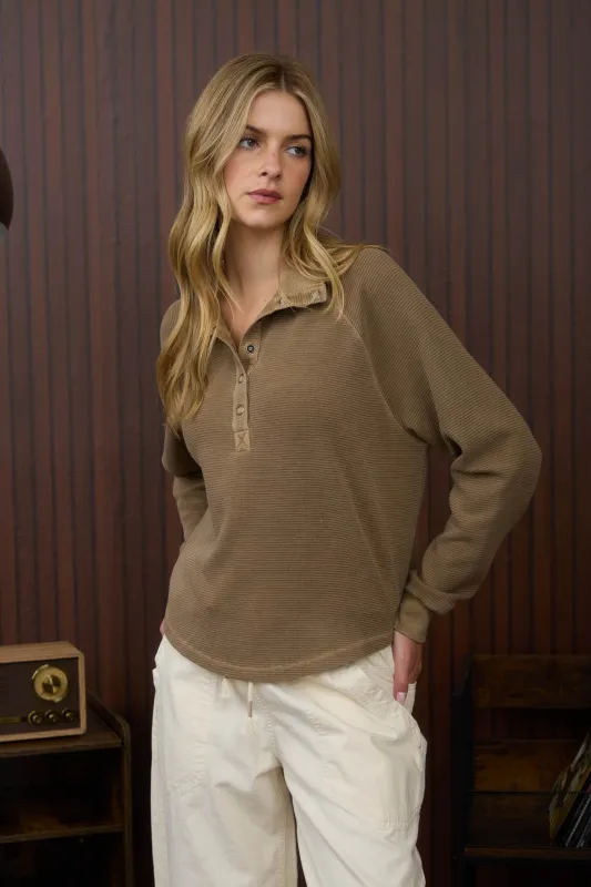 Ezra Half Snap Button Textured Top, Brown sold by North & Main Clothing Company