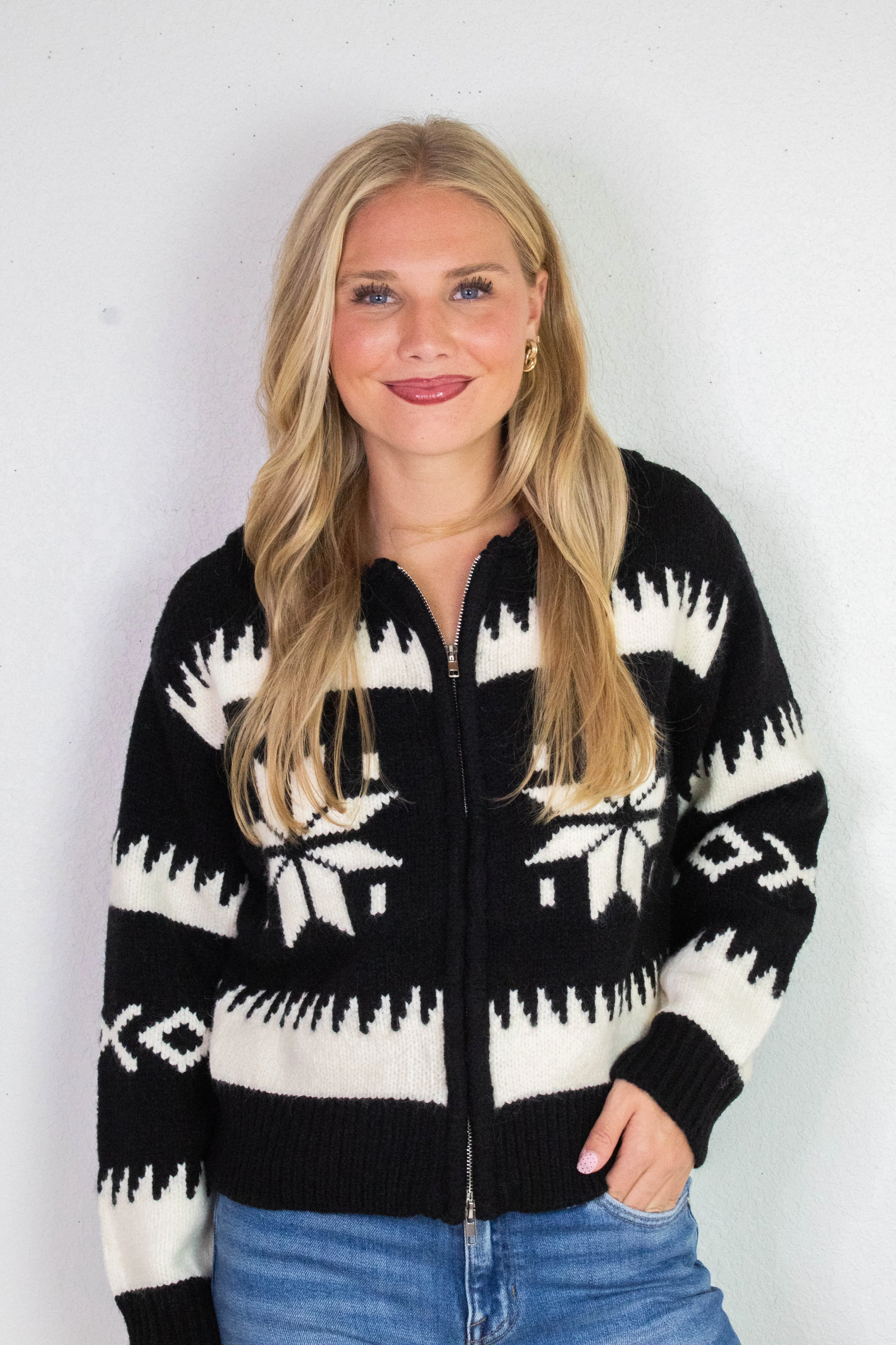 Audovera Shawl Neck Cardigan, Black Cream | RD Style sold by North & Main Clothing Company