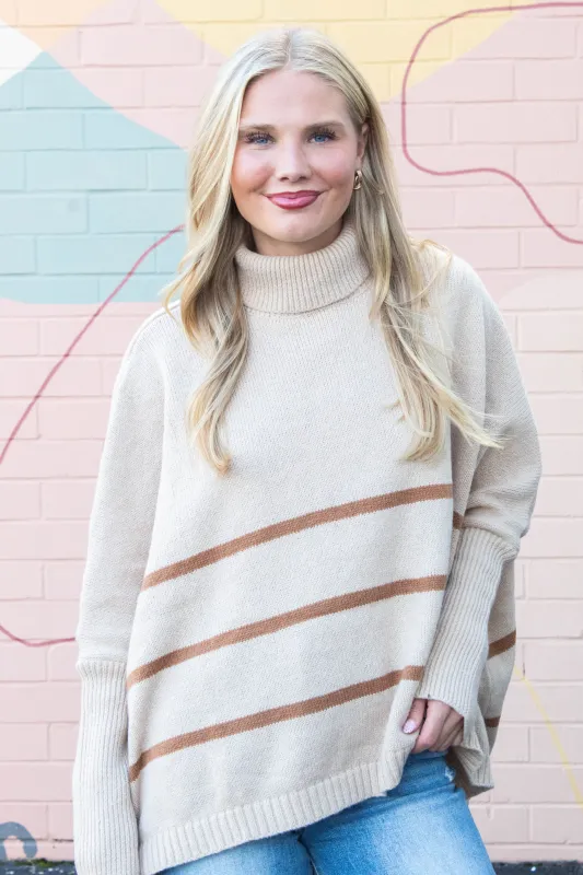 Myra Striped Turtleneck Sweater, Light Taupe made by HYFVE