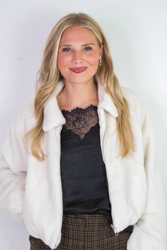Irene Faux Fur Jacket, Cream sold by North & Main Clothing Company