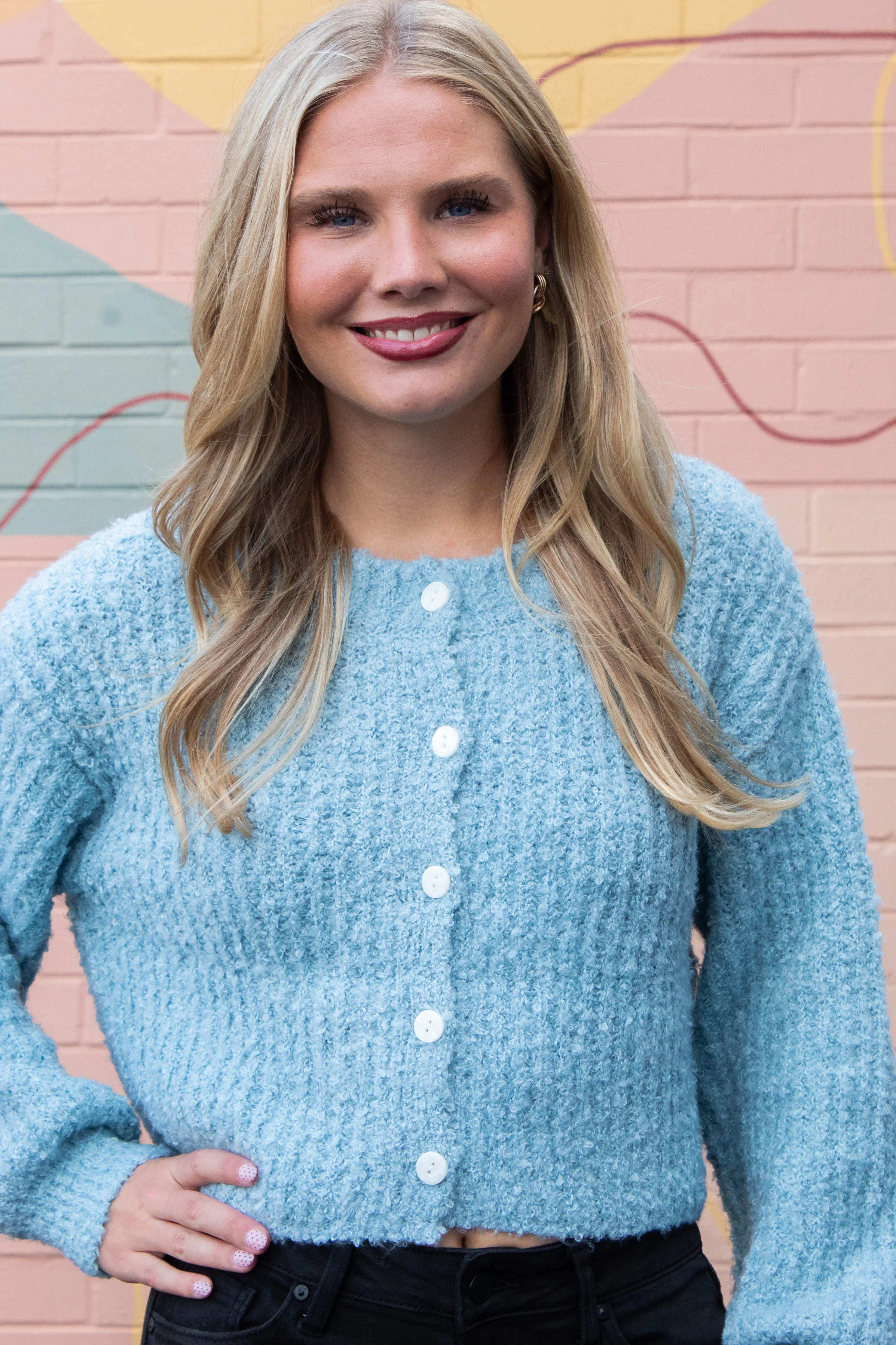 Emberly Fluffy Knit Cardigan, Sky Blue sold by North & Main Clothing Company product image thumbnail 2