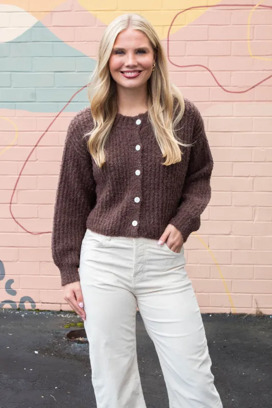 Emberly Fluffy Knit Cardigan, Chestnut sold by North & Main Clothing Company