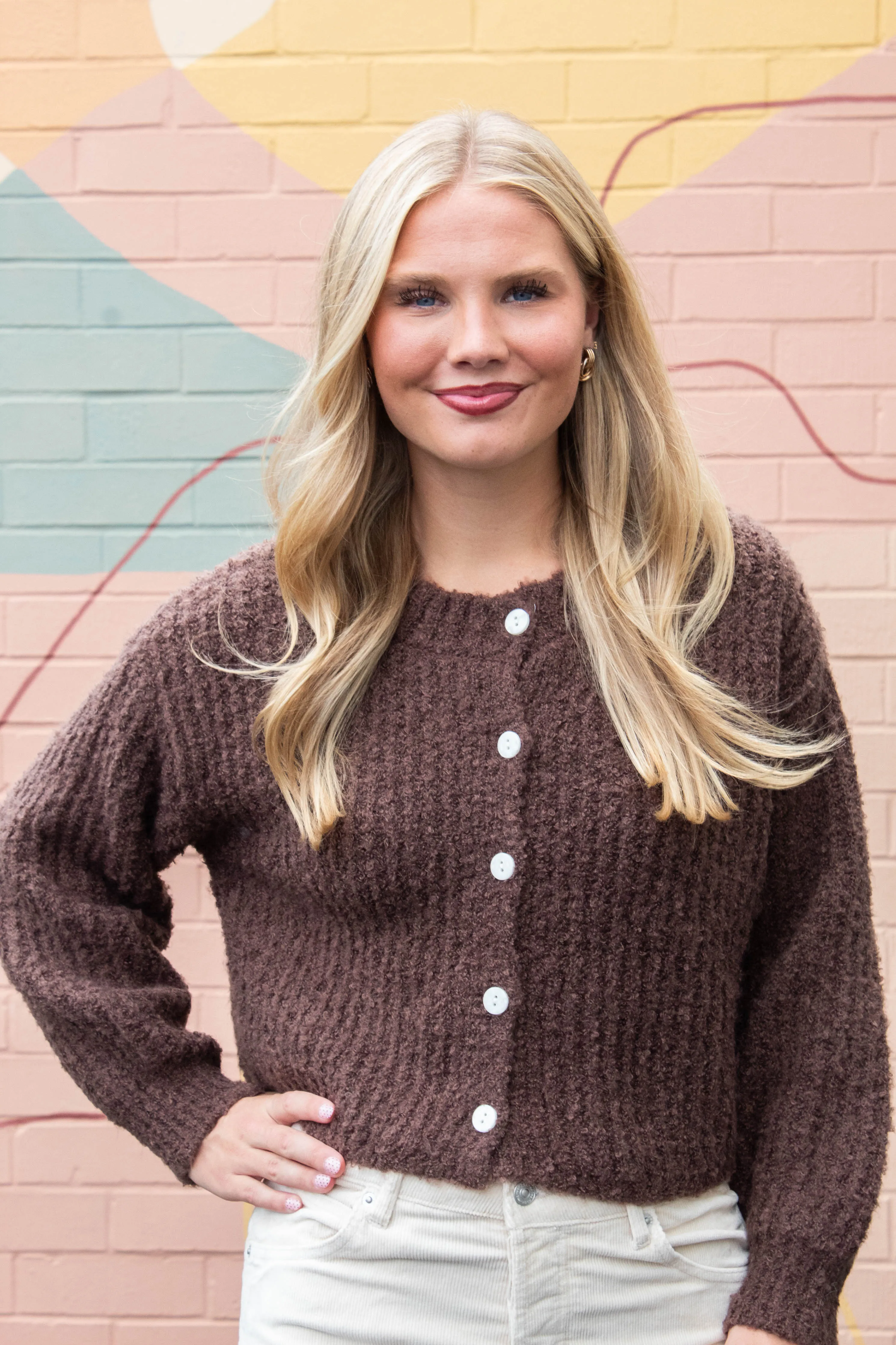 Emberly Fluffy Knit Cardigan, Chestnut sold by North & Main Clothing Company product image thumbnail 3
