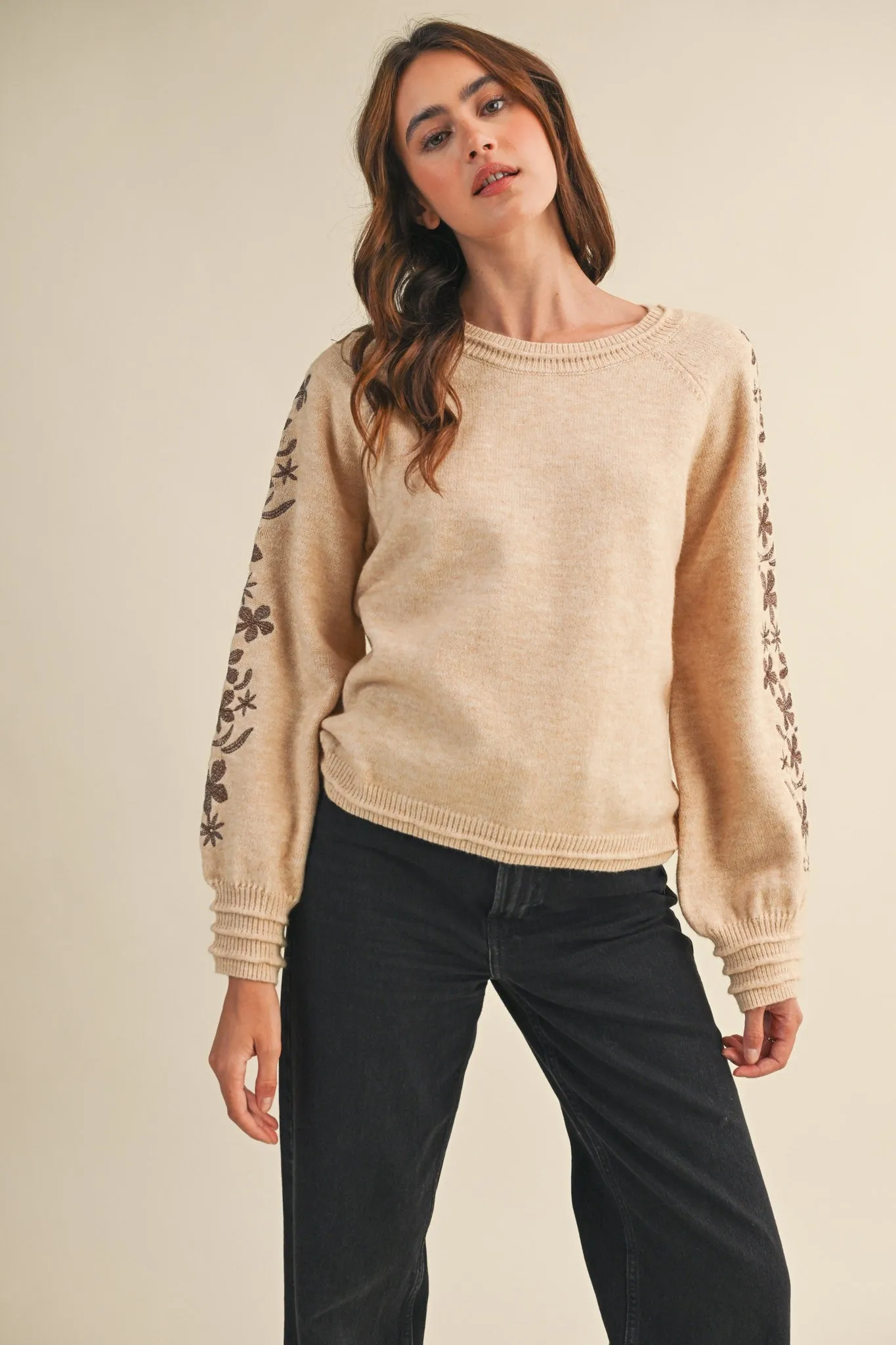 Angie Floral Embroidered Sweater, Oatmeal Brown sold by North & Main Clothing Company product image thumbnail 3