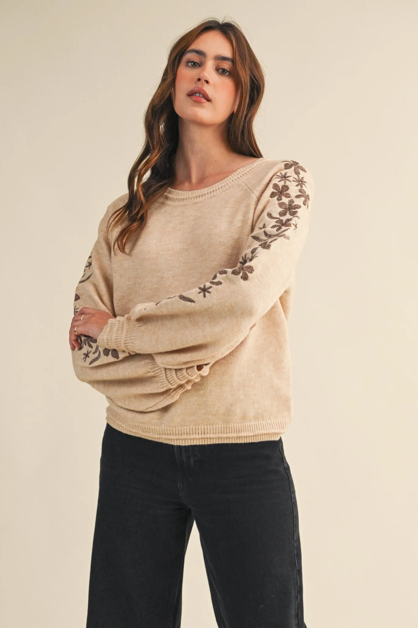 Angie Floral Embroidered Sweater, Oatmeal Brown sold by North & Main Clothing Company product image thumbnail 5