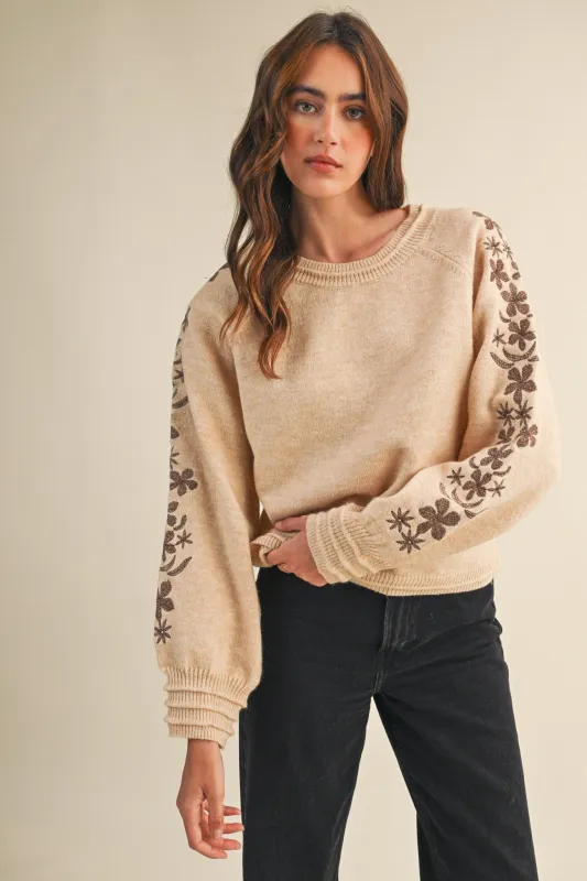 Angie Floral Embroidered Sweater, Oatmeal Brown sold by North & Main Clothing Company