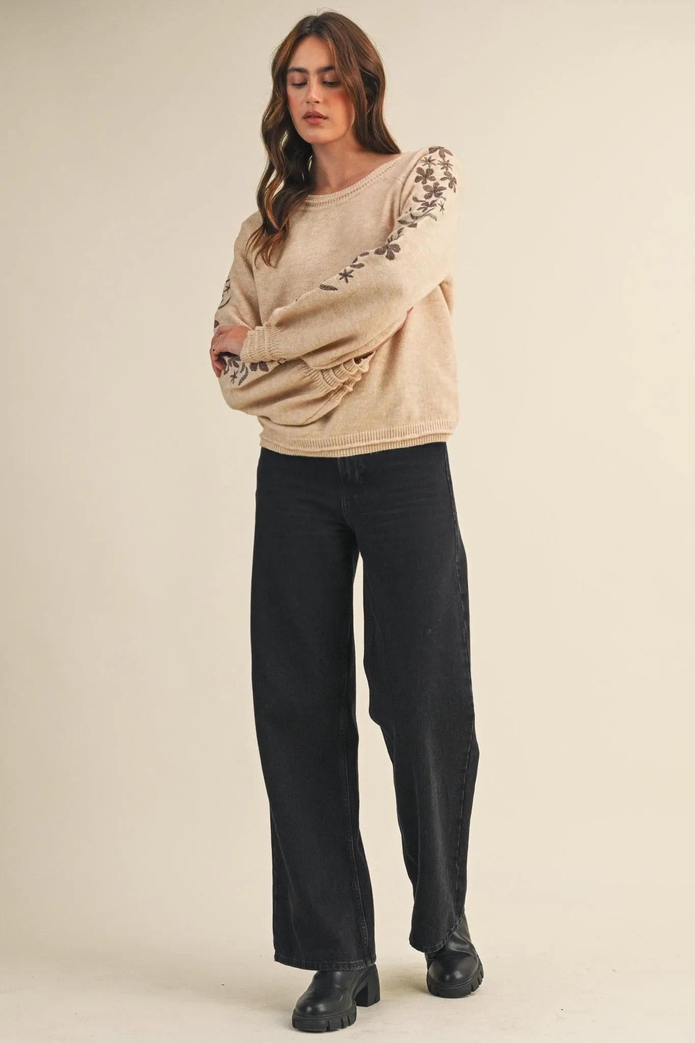 Angie Floral Embroidered Sweater, Oatmeal Brown sold by North & Main Clothing Company product image thumbnail 2