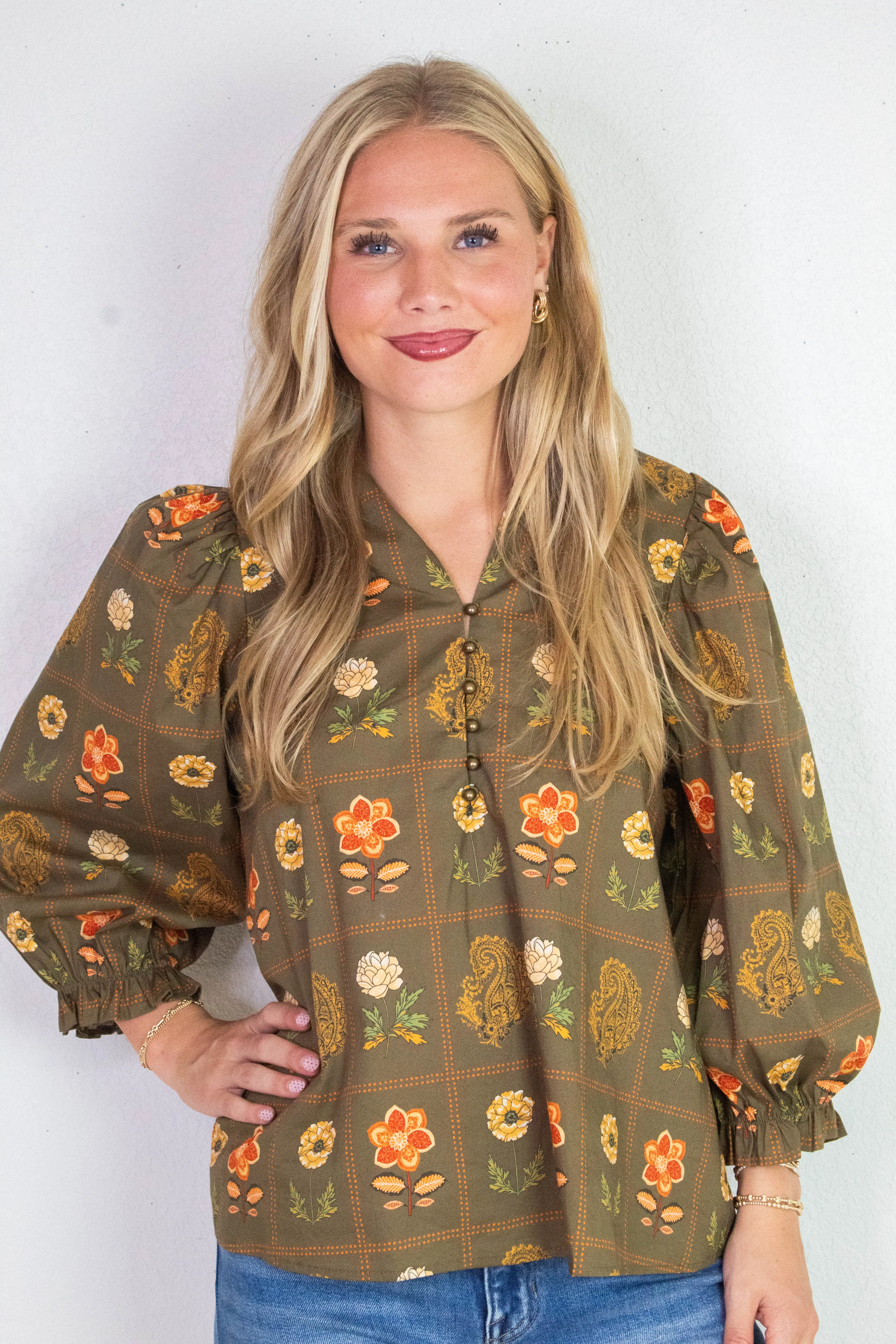 Emilia Floral Print Ruffle Detailed Top, Olive sold by North & Main Clothing Company product image thumbnail 3