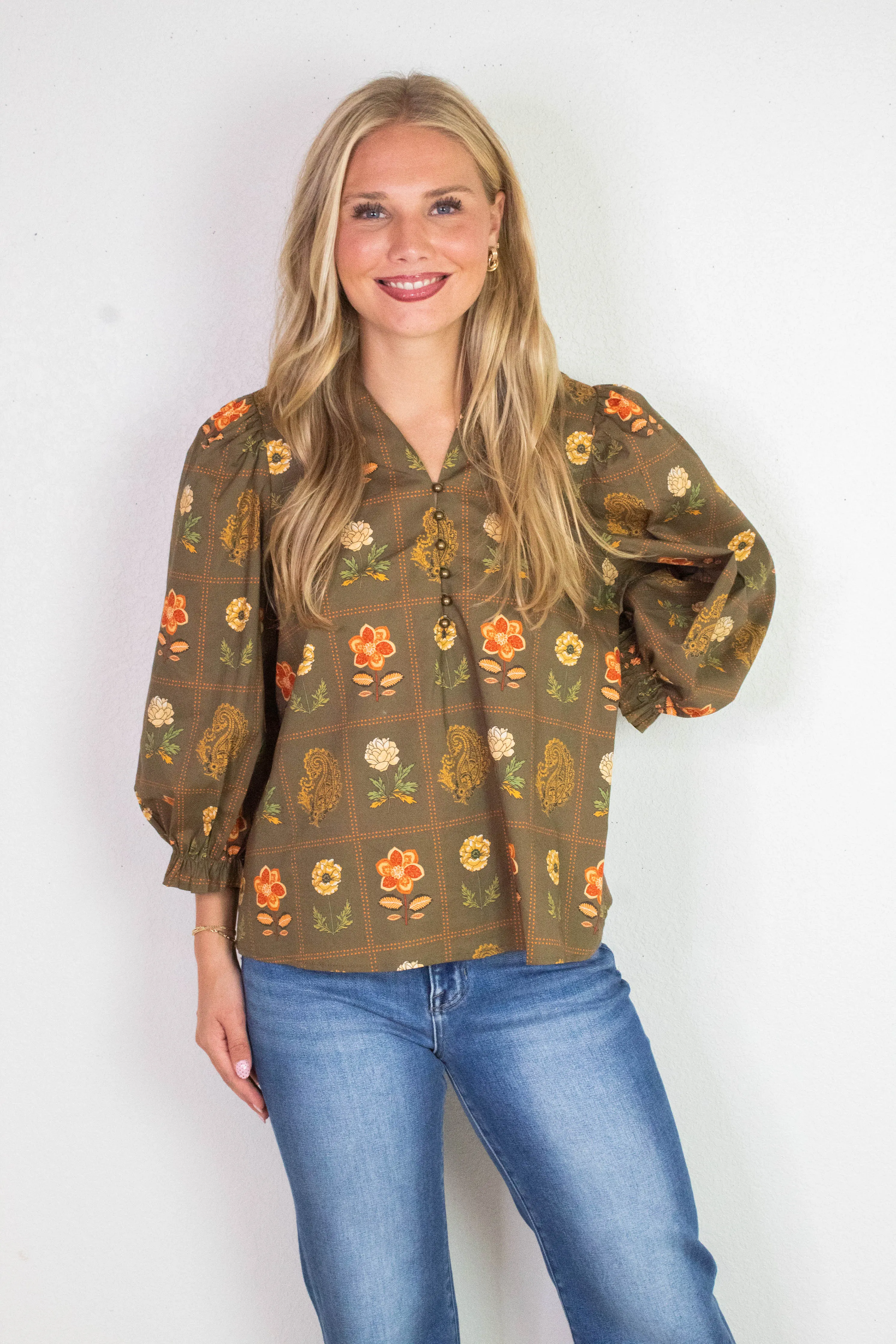 Emilia Floral Print Ruffle Detailed Top, Olive sold by North & Main Clothing Company product image thumbnail 2