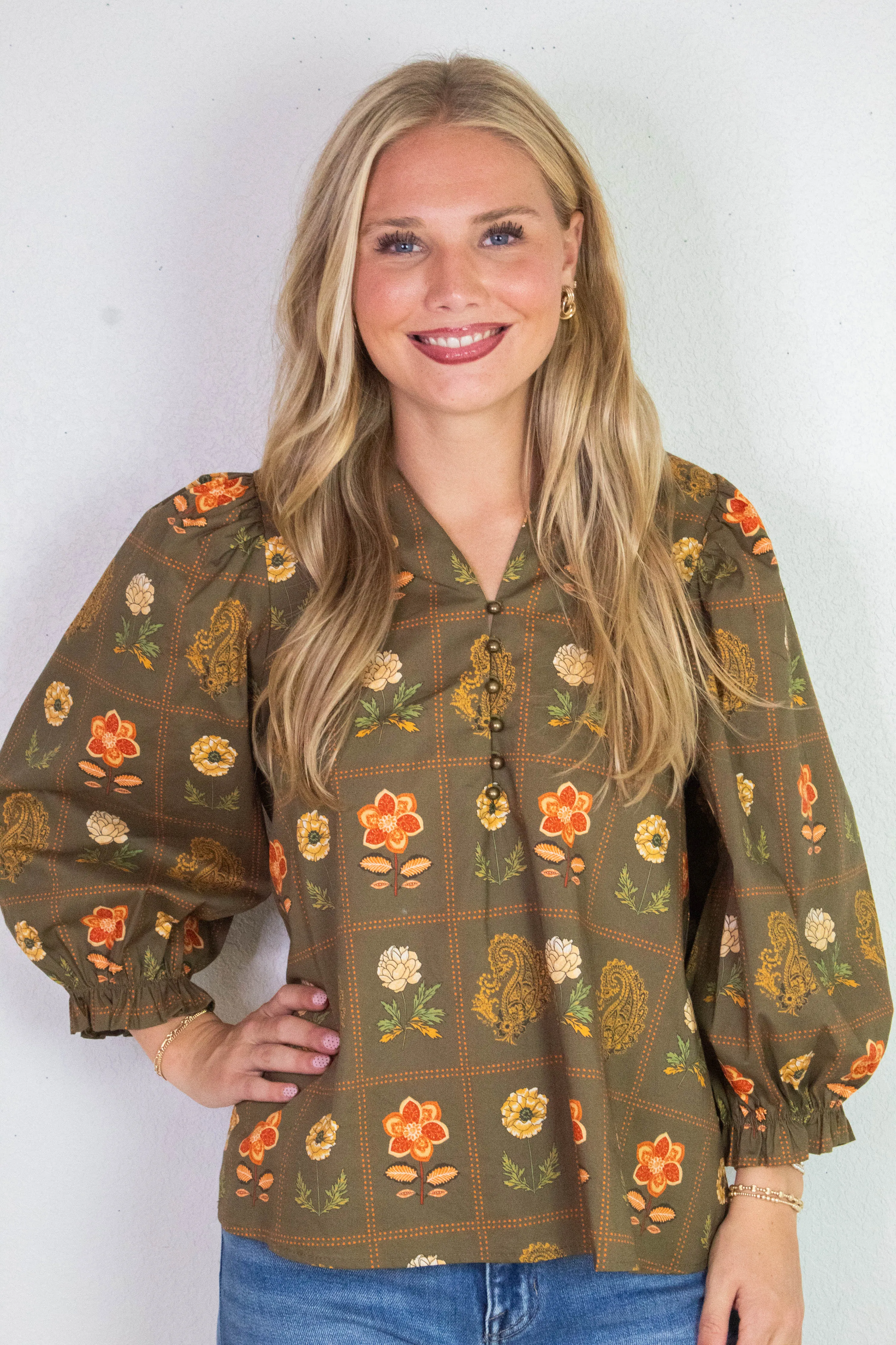 Emilia Floral Print Ruffle Detailed Top, Olive sold by North & Main Clothing Company product image thumbnail 4