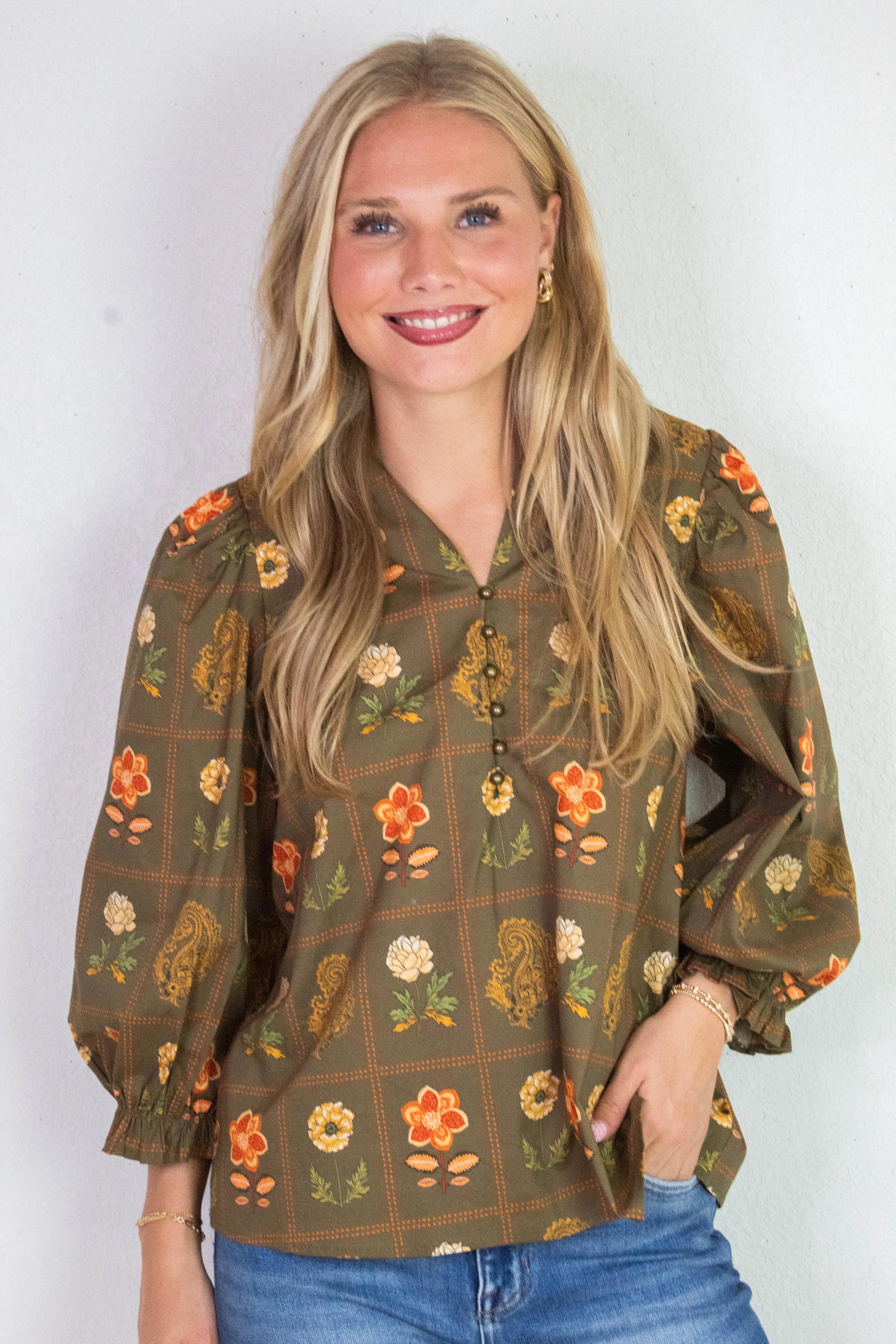 Emilia Floral Print Ruffle Detailed Top, Olive sold by North & Main Clothing Company