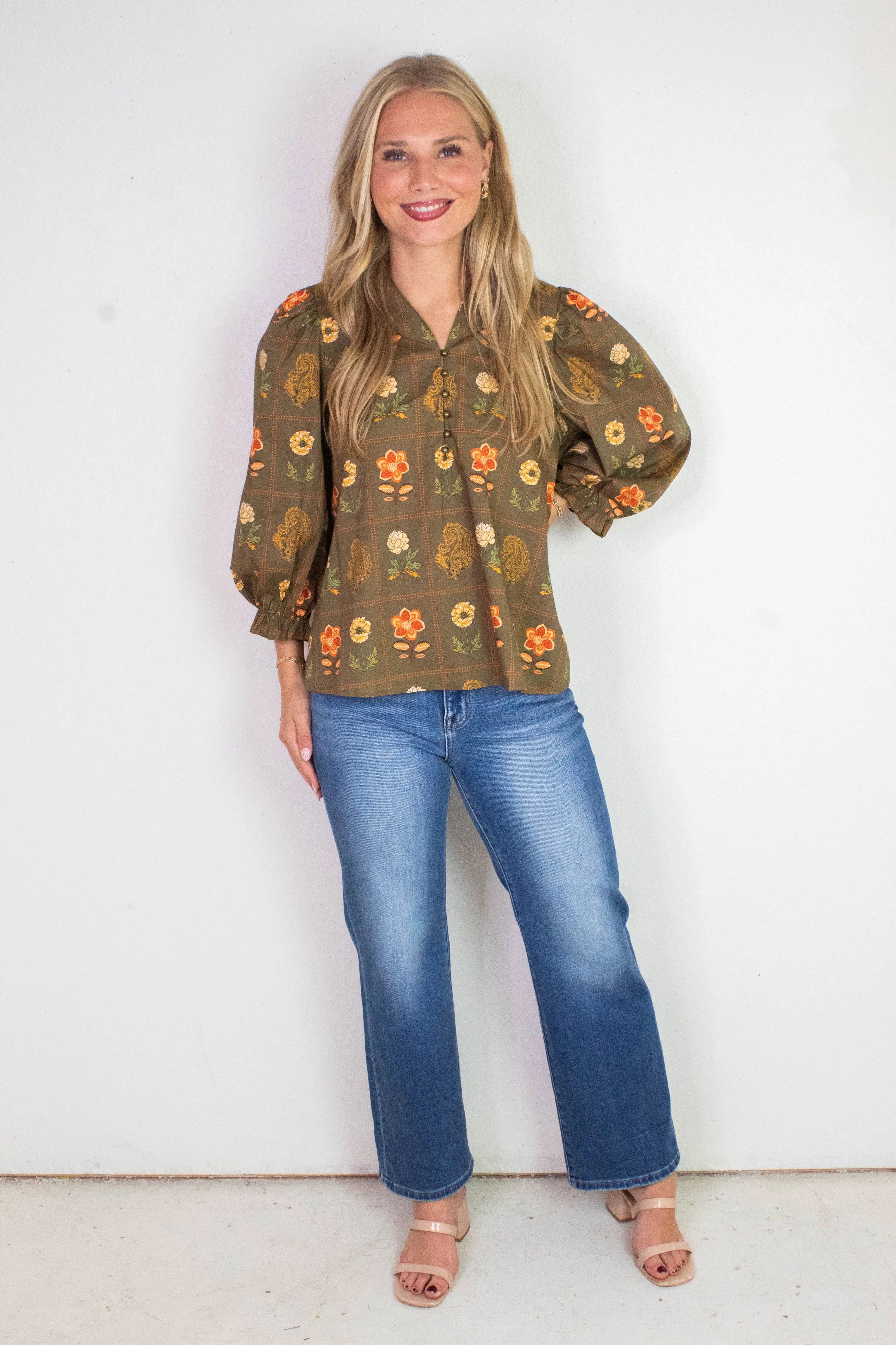 Emilia Floral Print Ruffle Detailed Top, Olive sold by North & Main Clothing Company product image thumbnail 5