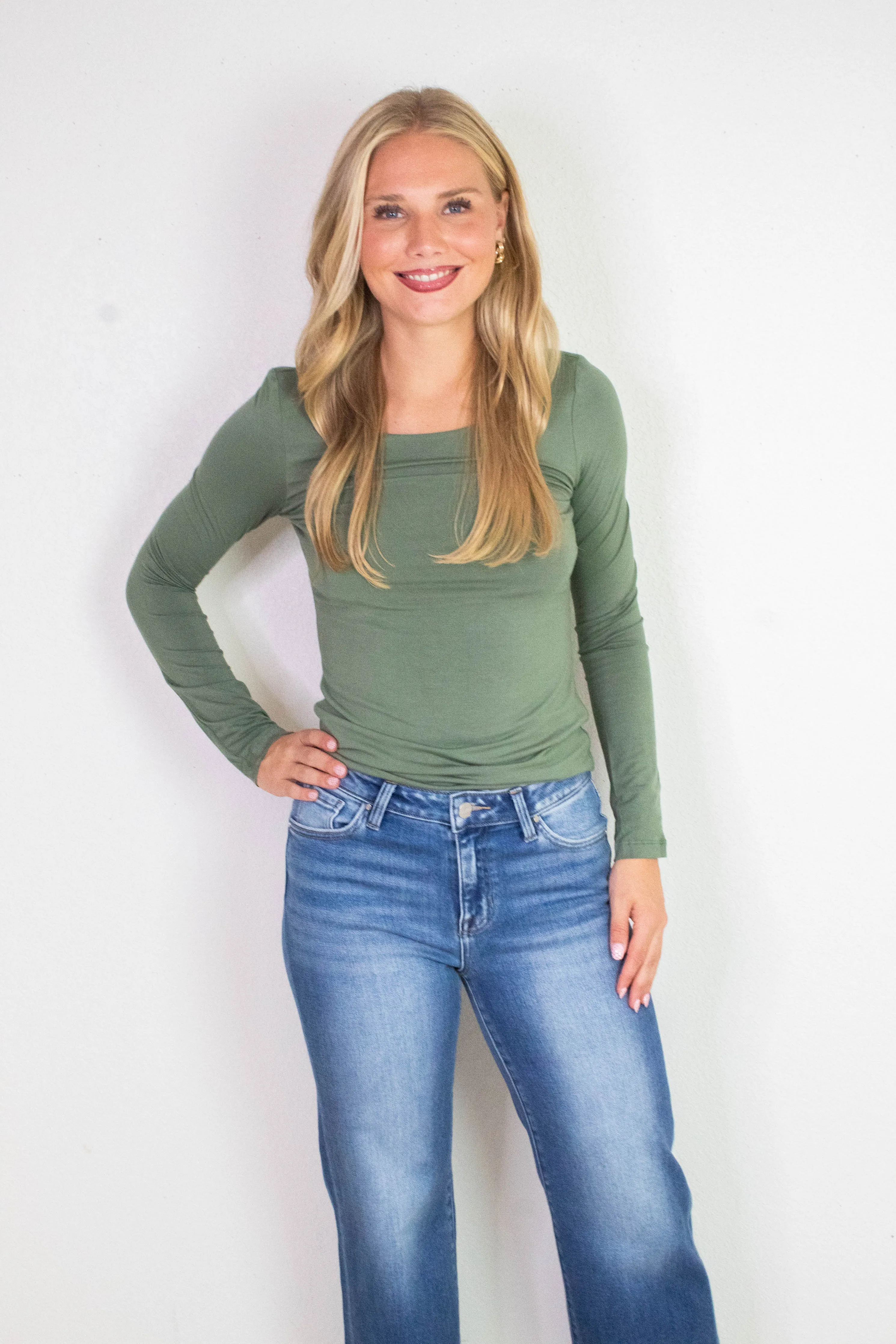 Della Layered Round Neck Top, Olive sold by North & Main Clothing Company