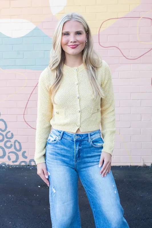 Priscilla Gold Button Cardigan, Yellow sold by North & Main Clothing Company