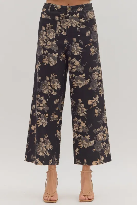 Aubrey Floral Mid Rise Ankle Pants, Black sold by North & Main Clothing Company