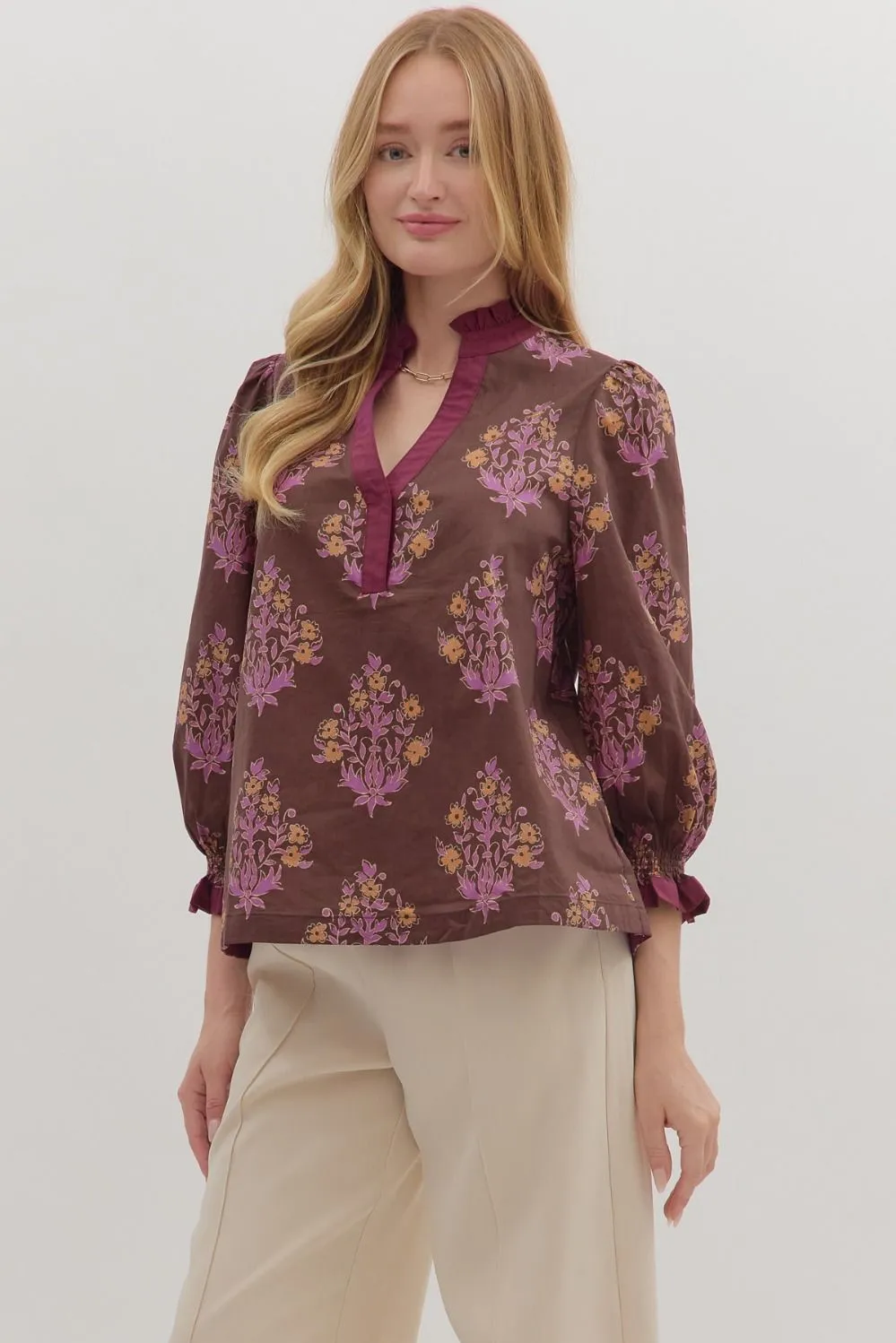 Maisy Floral Blouse, Chocolate sold by North & Main Clothing Company product image thumbnail 3