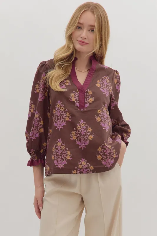 Maisy Floral Blouse, Chocolate sold by North & Main Clothing Company