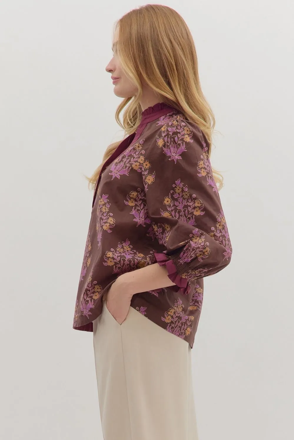 Maisy Floral Blouse, Chocolate sold by North & Main Clothing Company product image thumbnail 4