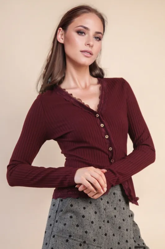 Kendra Lace Trim Knit Top, Wine sold by North & Main Clothing Company