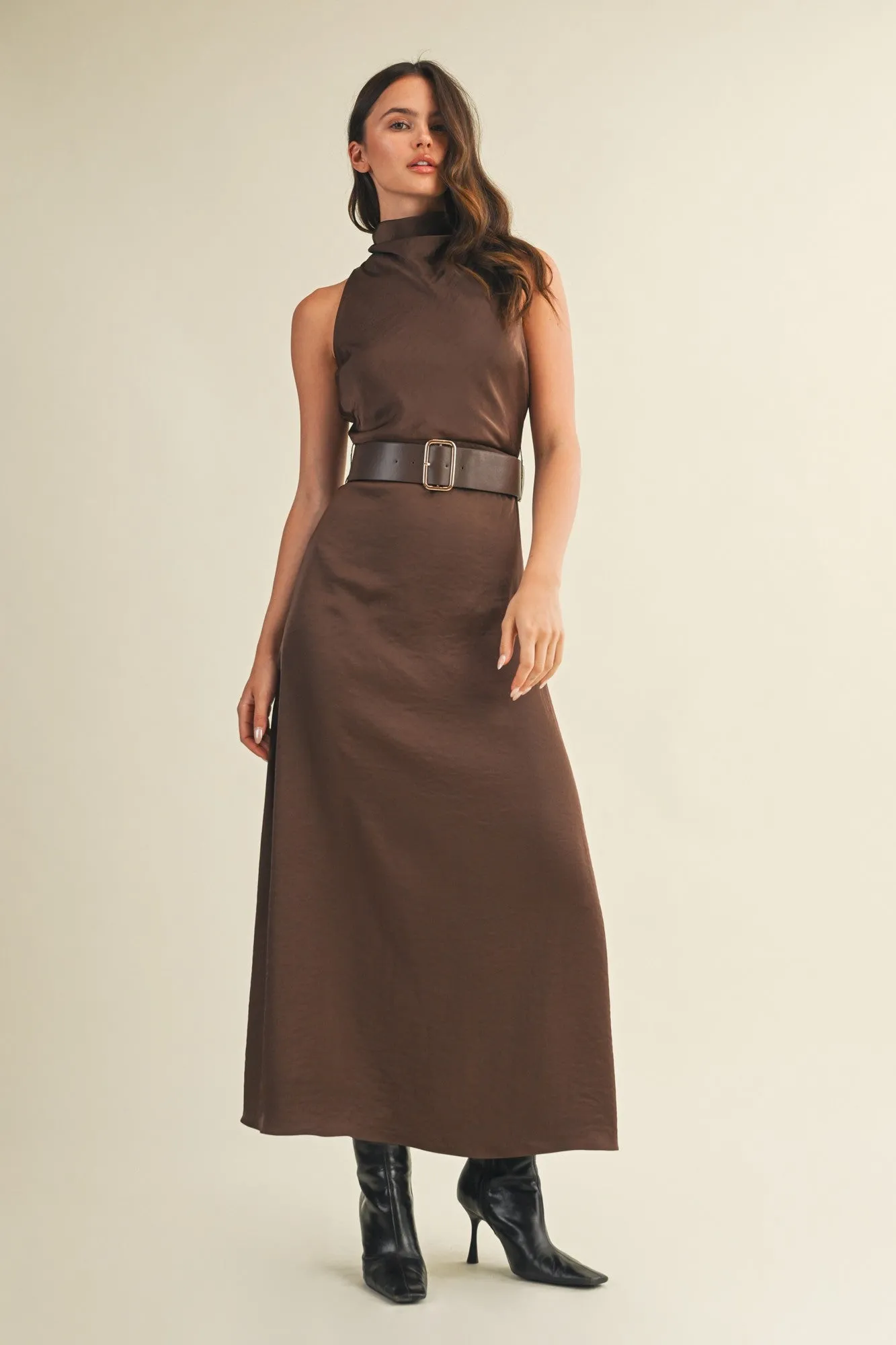 Colette Belted Maxi Dress, Dark Brown sold by North & Main Clothing Company