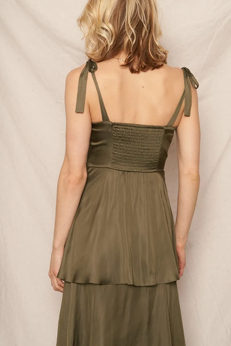 Kate Satin Tiered Maxi Dress, Olive sold by North & Main Clothing Company product image thumbnail 5