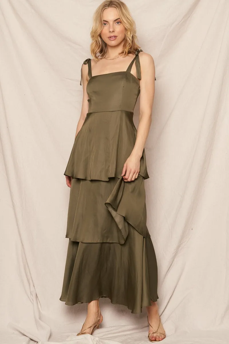 Kate Satin Tiered Maxi Dress, Olive sold by North & Main Clothing Company product image thumbnail 2