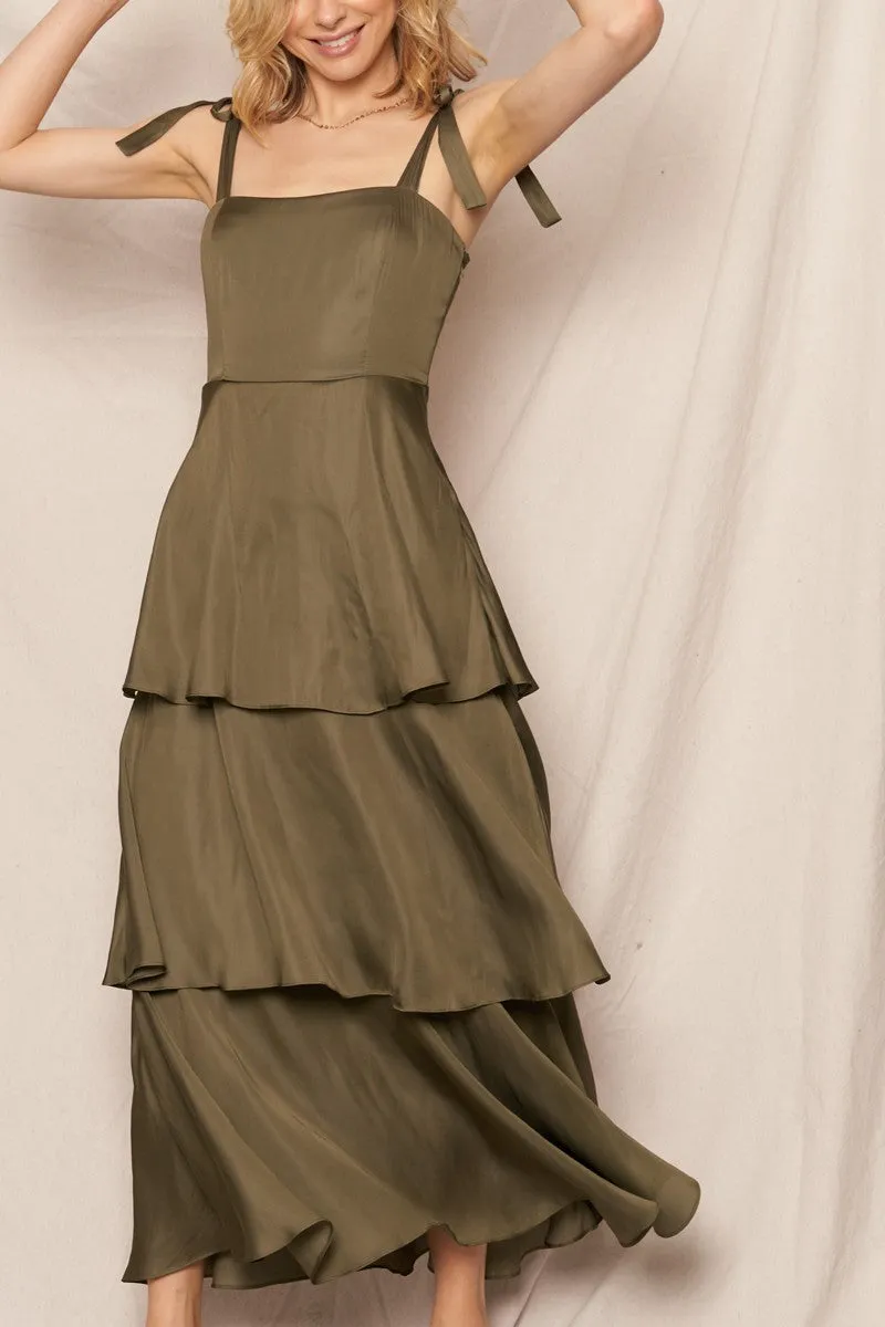 Kate Satin Tiered Maxi Dress, Olive sold by North & Main Clothing Company product image thumbnail 3