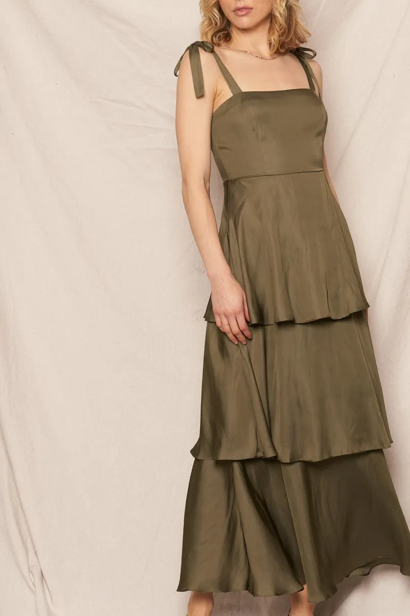 Kate Satin Tiered Maxi Dress, Olive sold by North & Main Clothing Company product image thumbnail 4