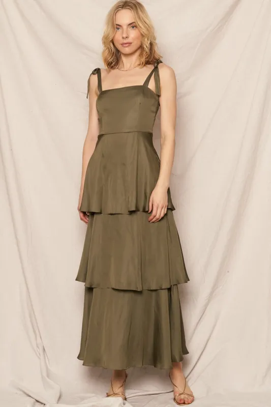 Kate Satin Tiered Maxi Dress, Olive sold by North & Main Clothing Company