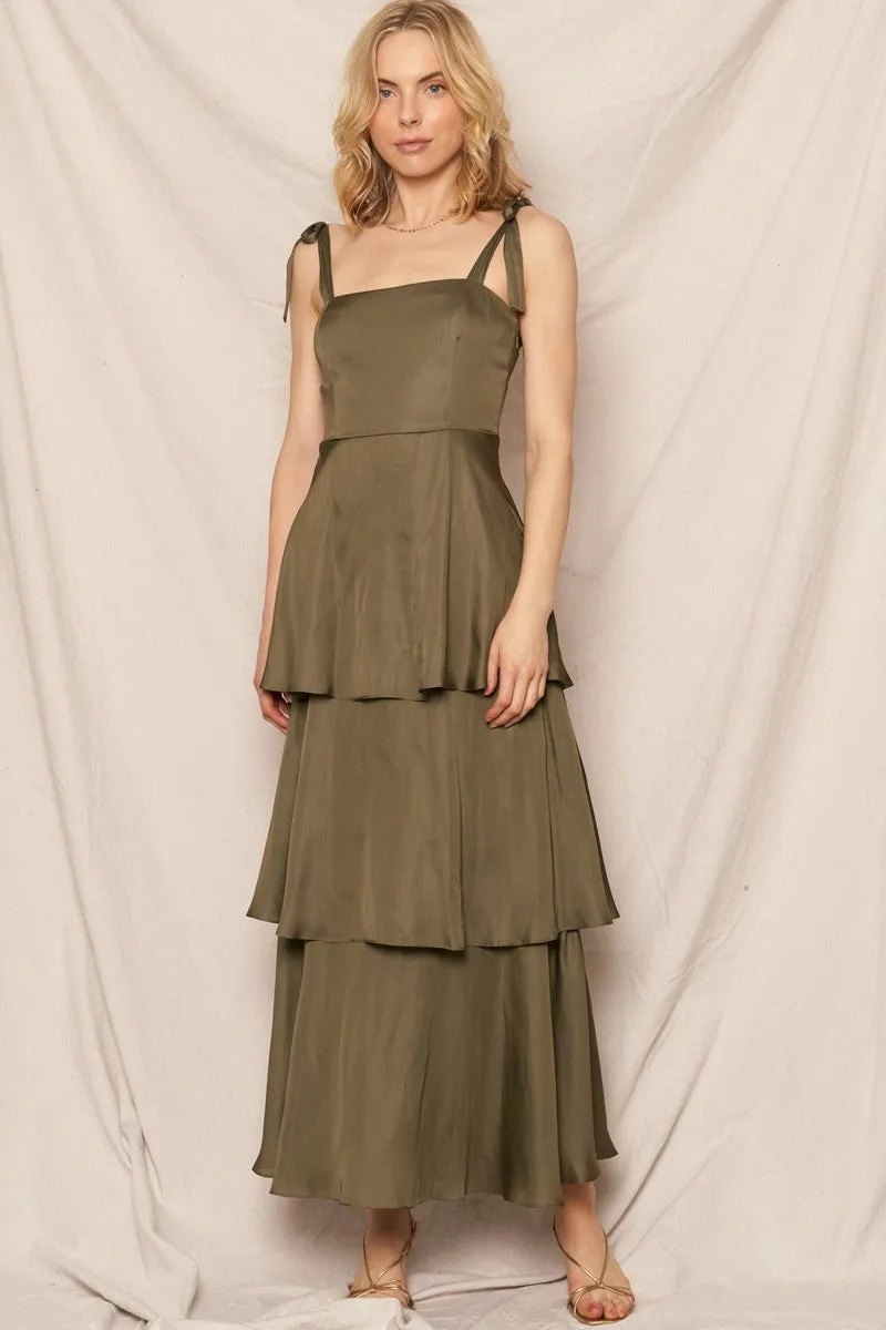 Kate Satin Tiered Maxi Dress, Olive sold by North & Main Clothing Company