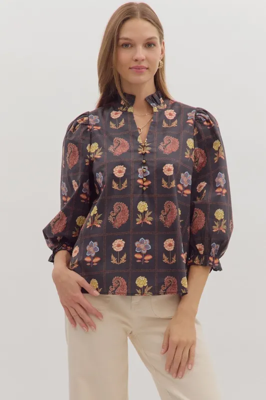 Emilia Floral Print Ruffle Detailed Top, Black sold by North & Main Clothing Company