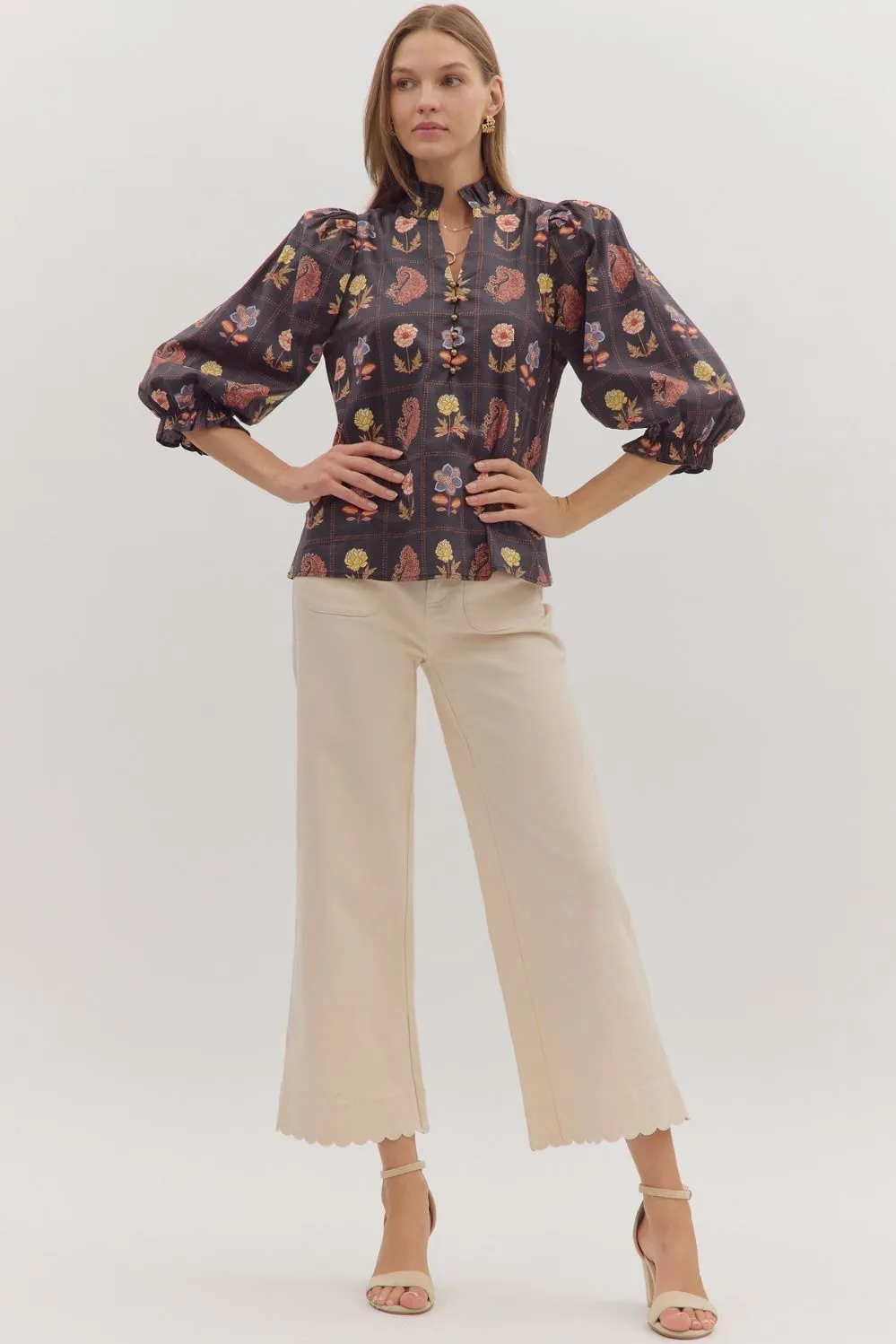 Emilia Floral Print Ruffle Detailed Top, Black sold by North & Main Clothing Company product image thumbnail 2