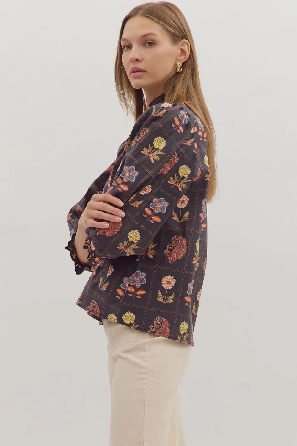 Emilia Floral Print Ruffle Detailed Top, Black sold by North & Main Clothing Company product image thumbnail 4