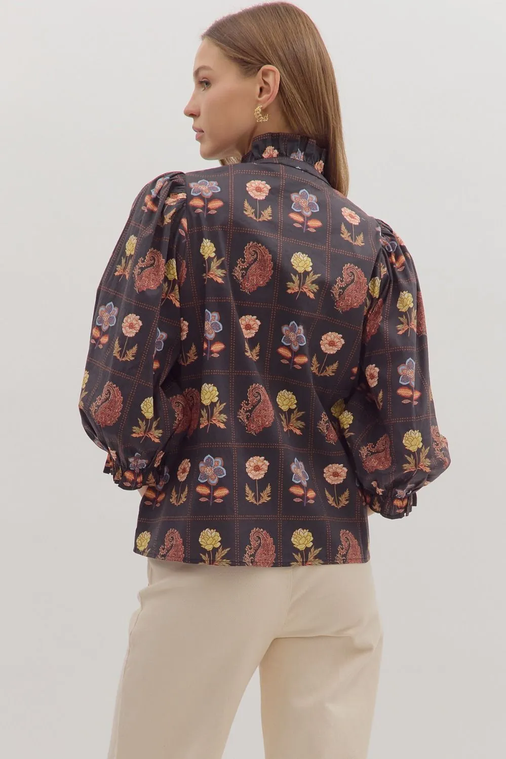 Emilia Floral Print Ruffle Detailed Top, Black sold by North & Main Clothing Company product image thumbnail 5