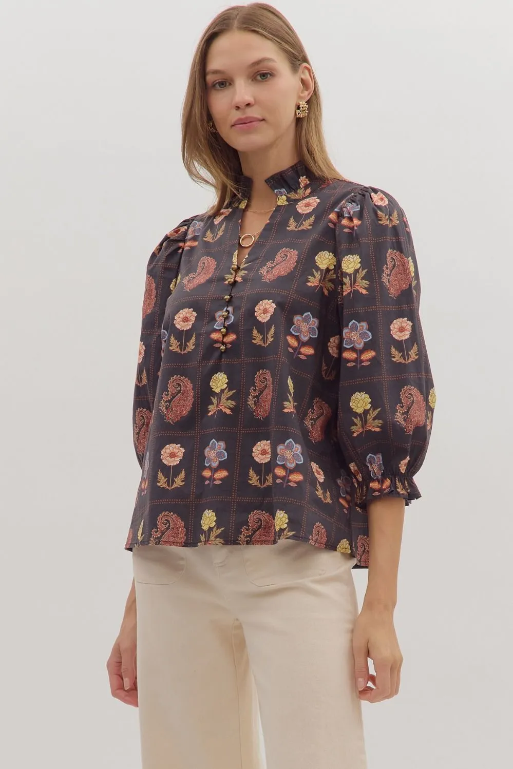 Emilia Floral Print Ruffle Detailed Top, Black sold by North & Main Clothing Company product image thumbnail 3