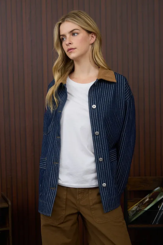 Sheldon Striped Denim Jacket, Indigo sold by North & Main Clothing Company