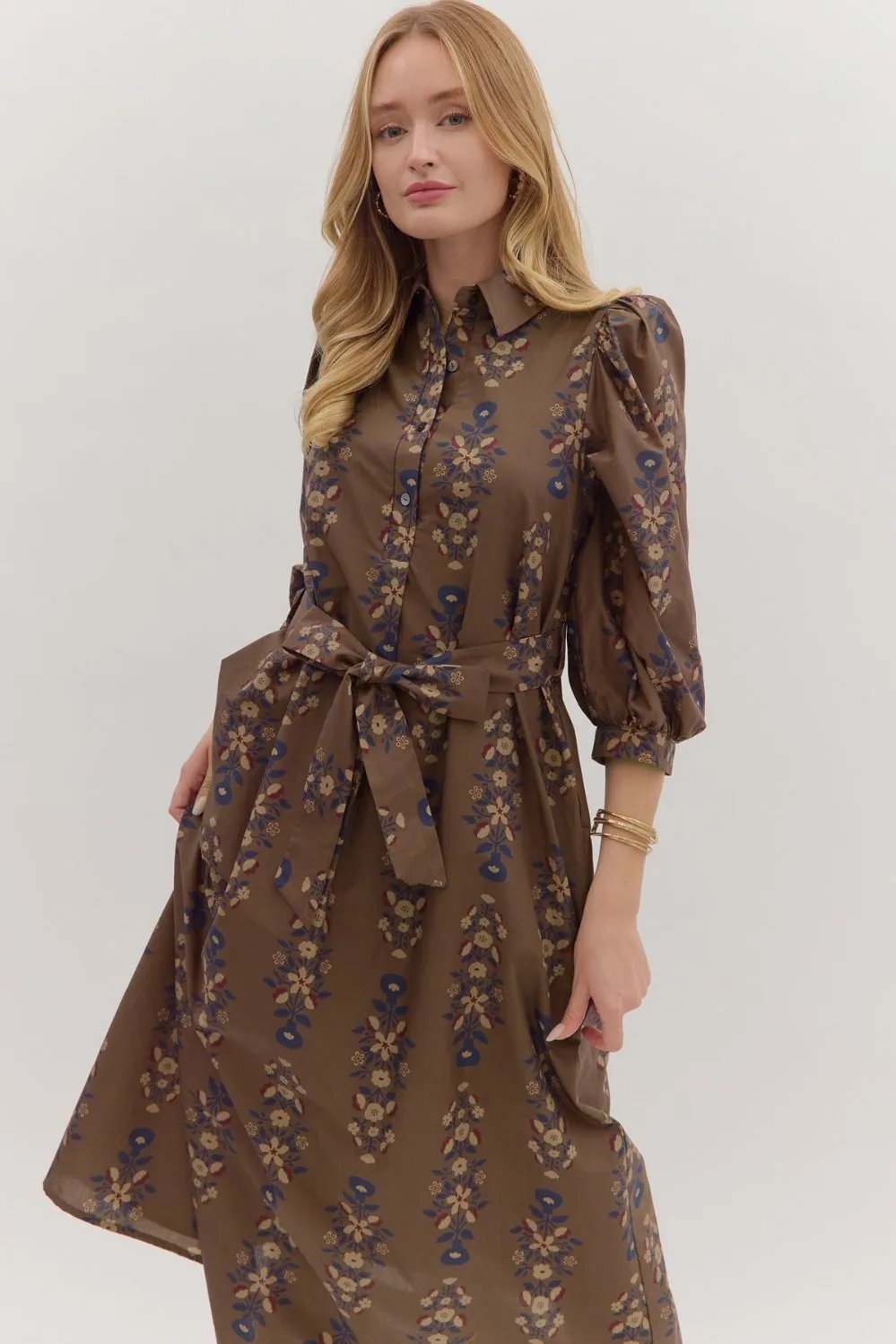 Kara Floral Midi Dress, Brown sold by North & Main Clothing Company product image thumbnail 5