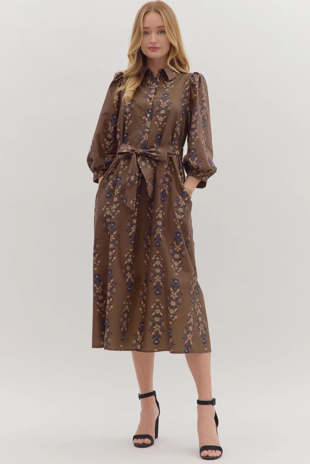 Kara Floral Midi Dress, Brown sold by North & Main Clothing Company
