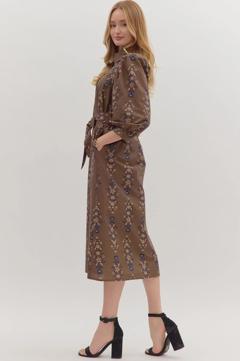 Kara Floral Midi Dress, Brown sold by North & Main Clothing Company product image thumbnail 3