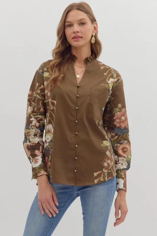 Ember Floral Sleeve Buttoned Blouse, Brown sold by North & Main Clothing Company