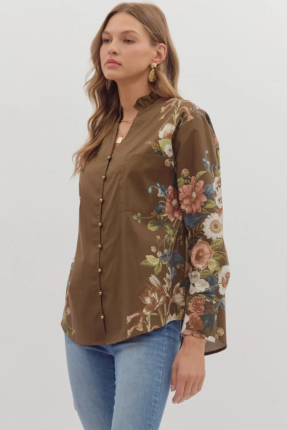 Ember Floral Sleeve Buttoned Blouse, Brown sold by North & Main Clothing Company product image thumbnail 3