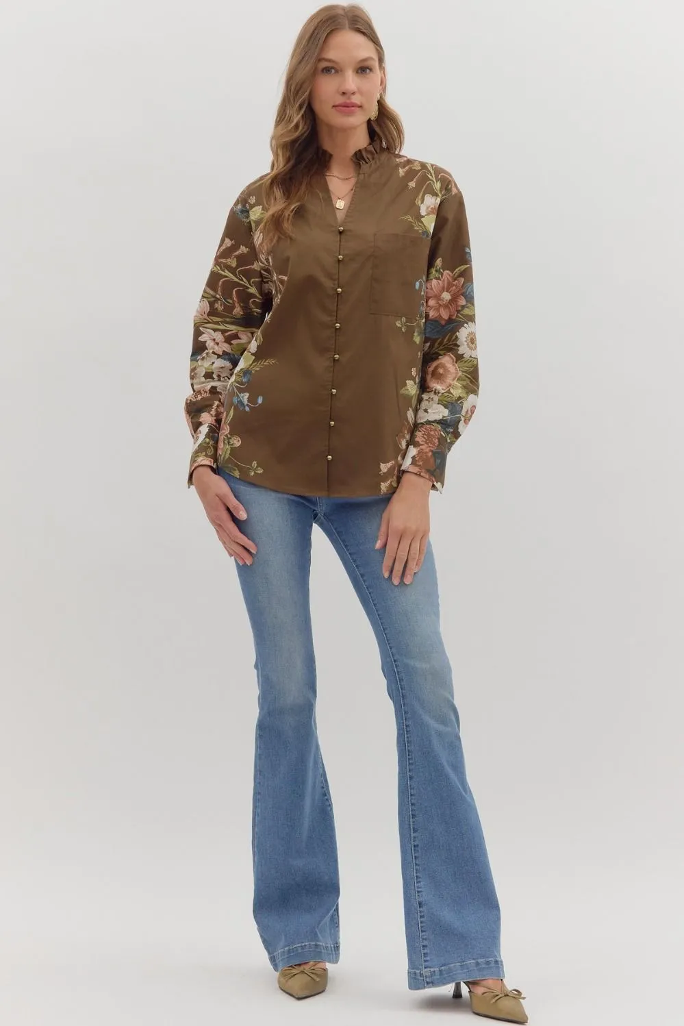 Ember Floral Sleeve Buttoned Blouse, Brown sold by North & Main Clothing Company product image thumbnail 2