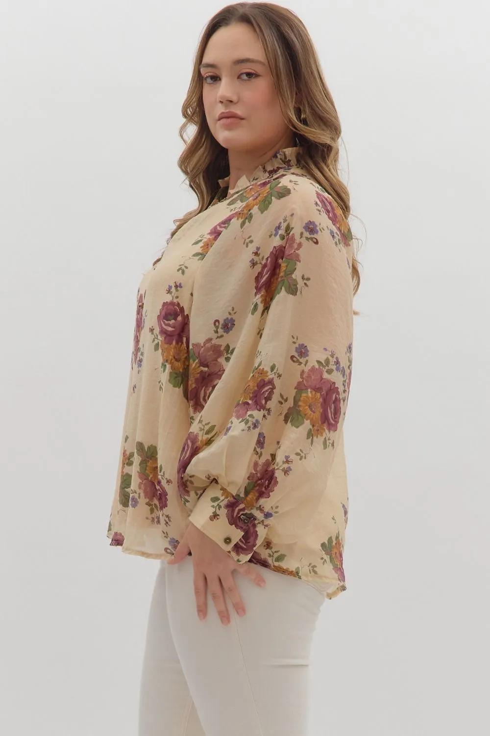 Indy Floral Button Down Top, Ecru | Extended Sizes sold by North & Main Clothing Company product image thumbnail 4