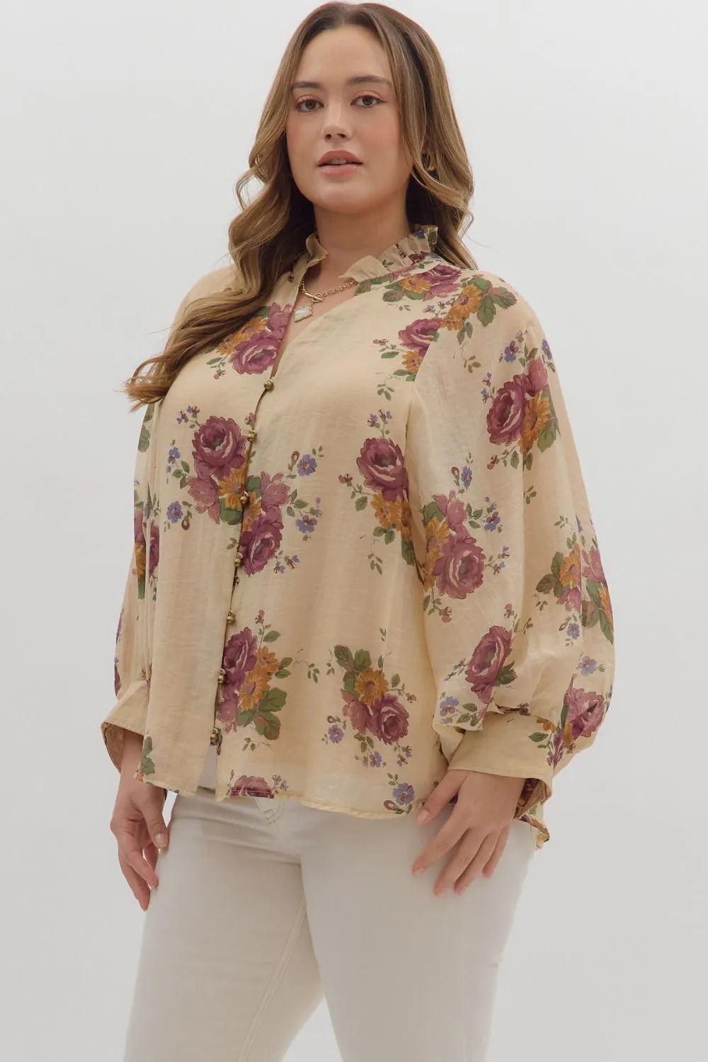 Indy Floral Button Down Top, Ecru | Extended Sizes sold by North & Main Clothing Company product image thumbnail 5