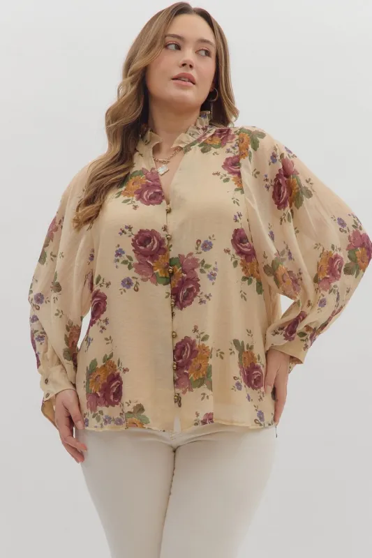Indy Floral Button Down Top, Ecru | Extended Sizes sold by North & Main Clothing Company