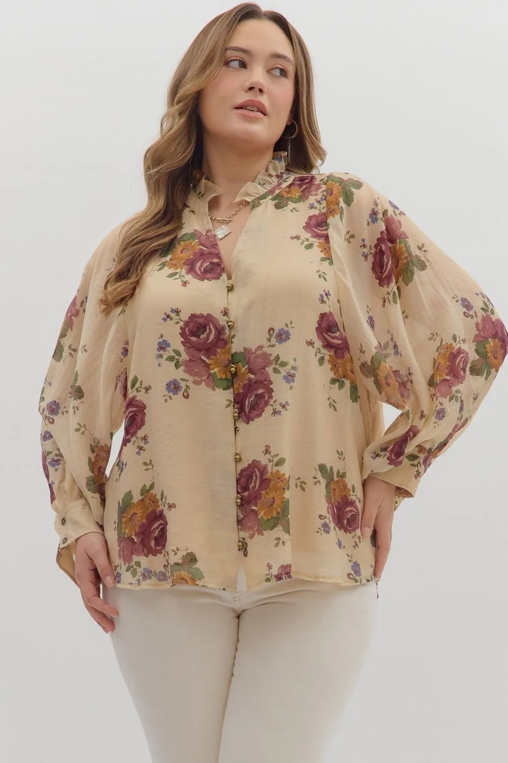 Indy Floral Button Down Top, Ecru | Extended Sizes sold by North & Main Clothing Company