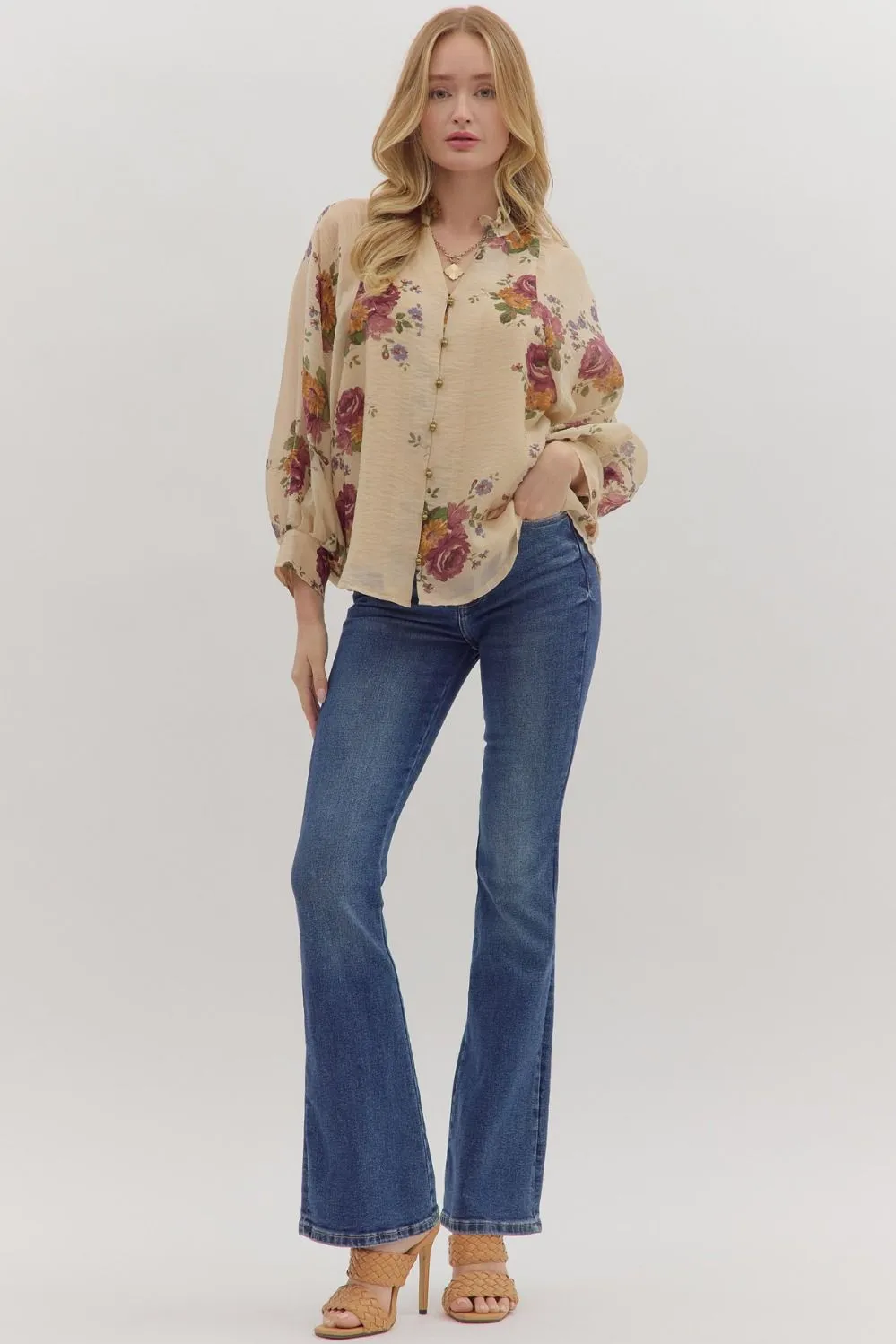 Indy Floral Button Down Top, Ecru sold by North & Main Clothing Company product image thumbnail 3